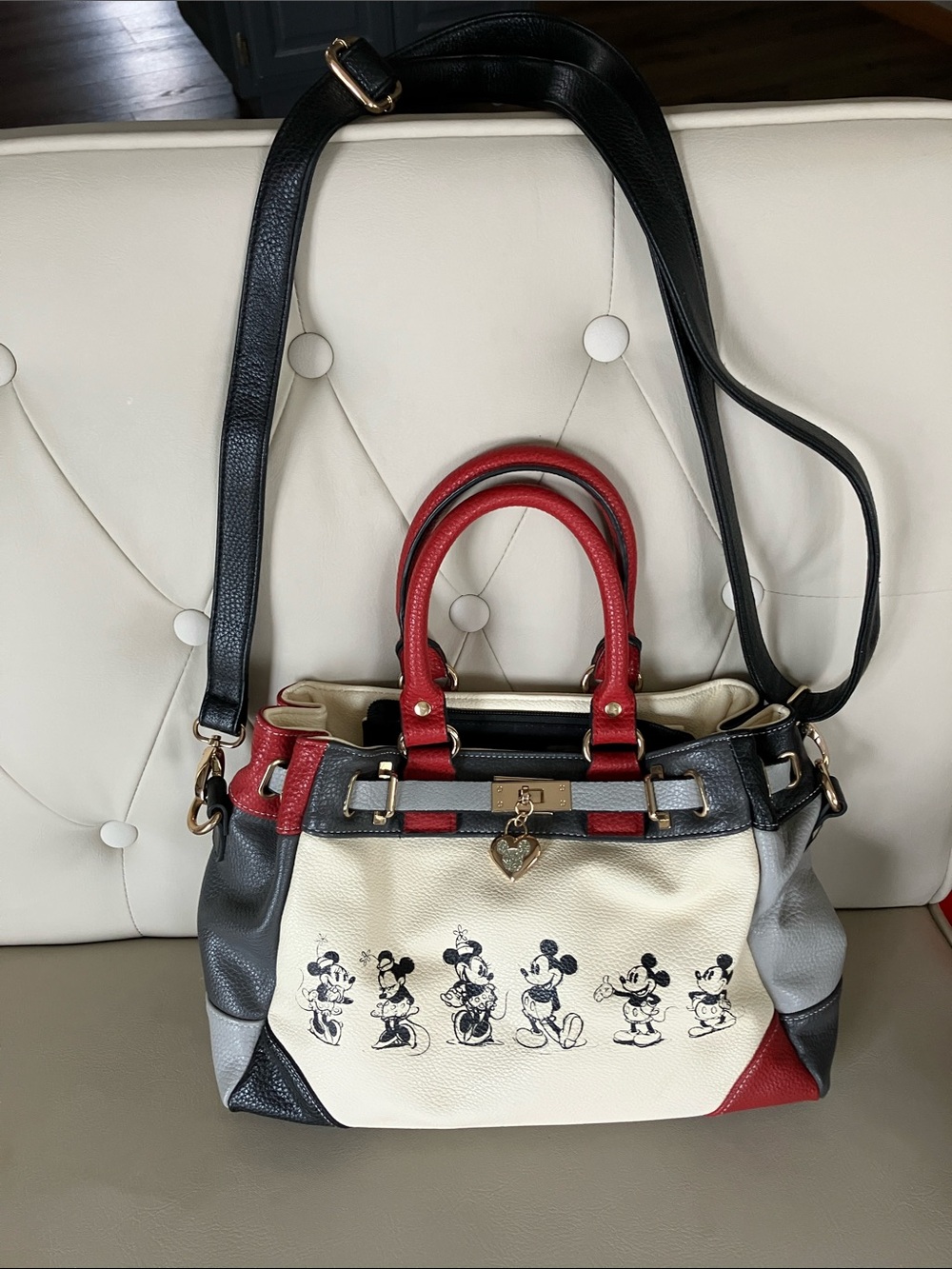 Women’s Multicolor Cartoon-Print Satchel Handbag - Red, Black, Cream